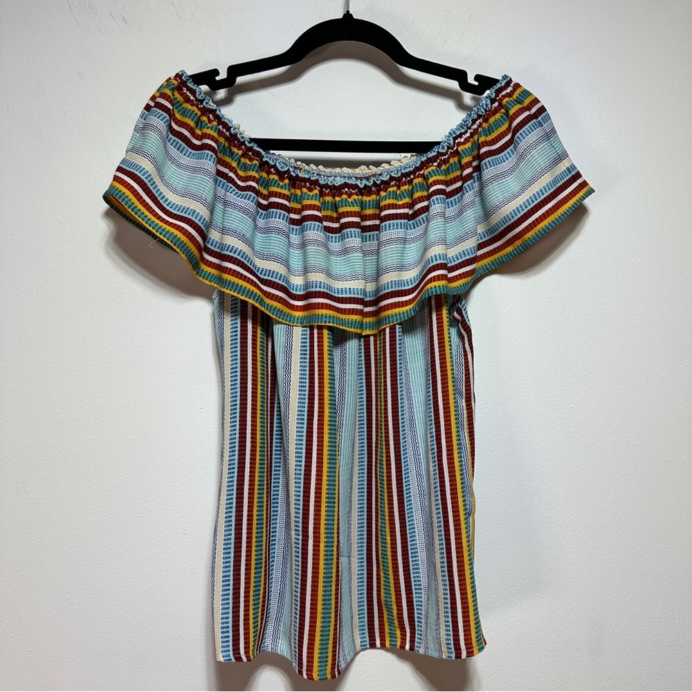 Monteau Los Angeles | Boho Rainbow Striped Off-Shoulder Ruffle Top Size M